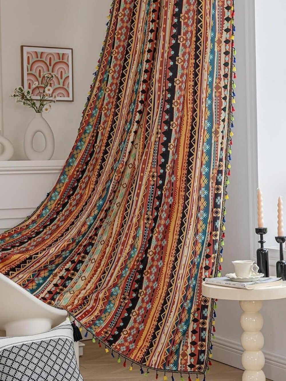 Boho Curtains Geometric Light Filtering Semi-Blackout Window Curtains 84 Inches